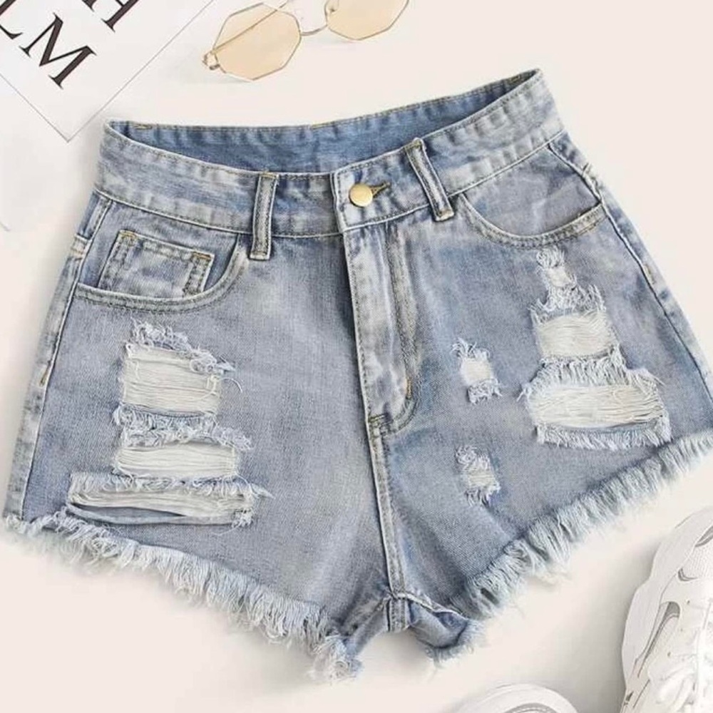 high rise distressed denim shorts